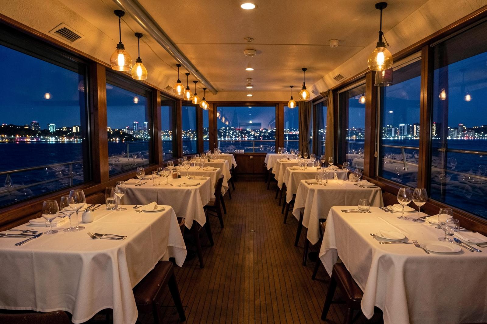 Illustrative scene: an indoor boat dining saloon with white-linen tables and warm pendant lights, city lights beyond the windows.
